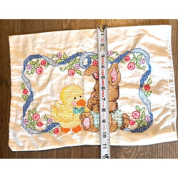 Vintage Hand-Embroidered Duck & Bunny Pillowcase 12"x16" - Picture 2 of 2